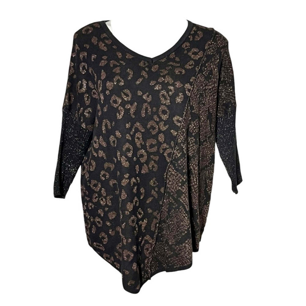 Democracy Cheetah & Snakeskin Print Metallic Sweater Size Large Black/Brown